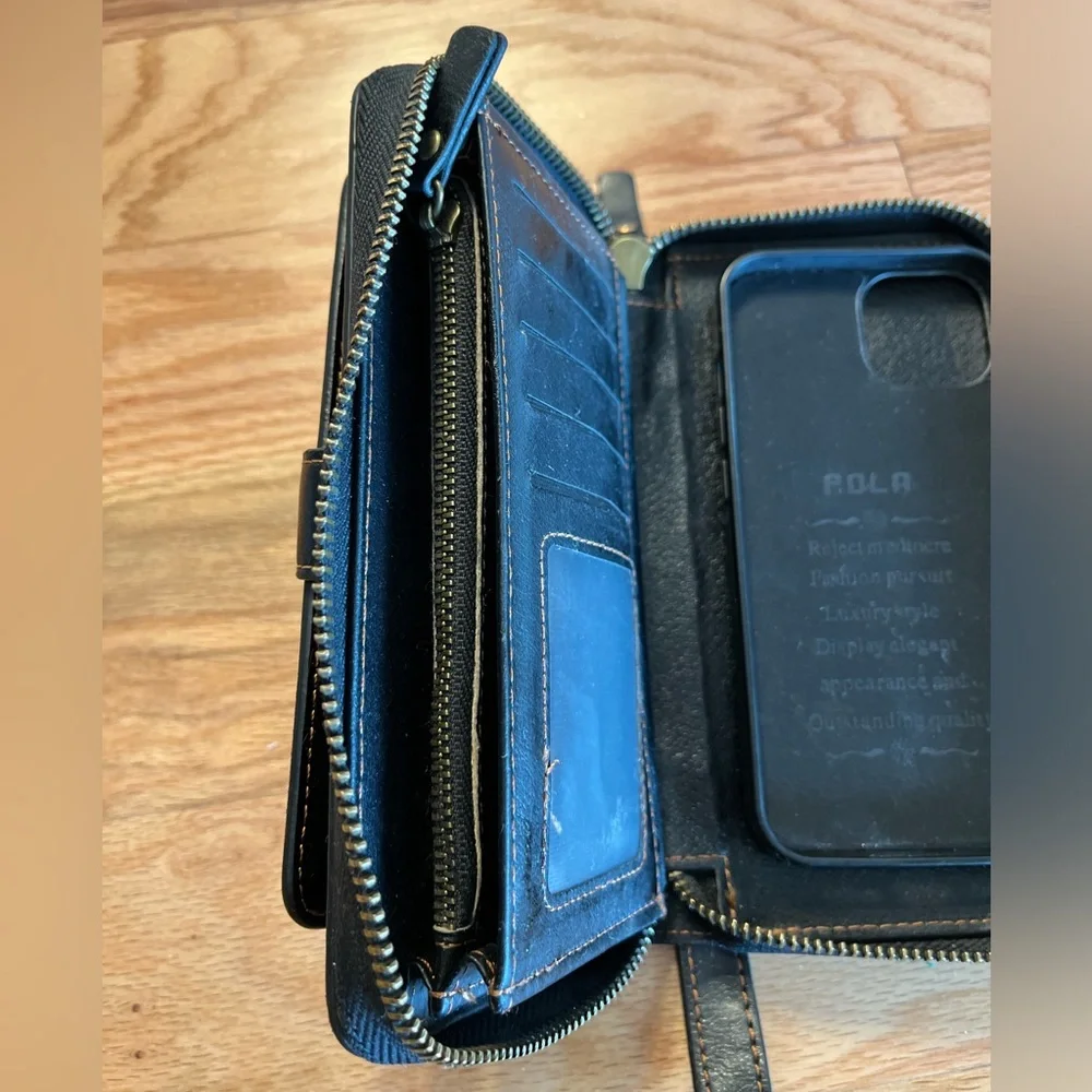 POL Black Leather Wristlet Phone Case with Zip and Snap